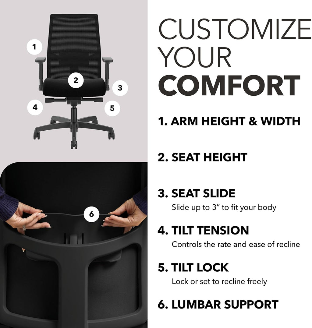 HON Ignition 2.0 Ergonomic Office Chair, Lumbar Support, Desk Chair, Black