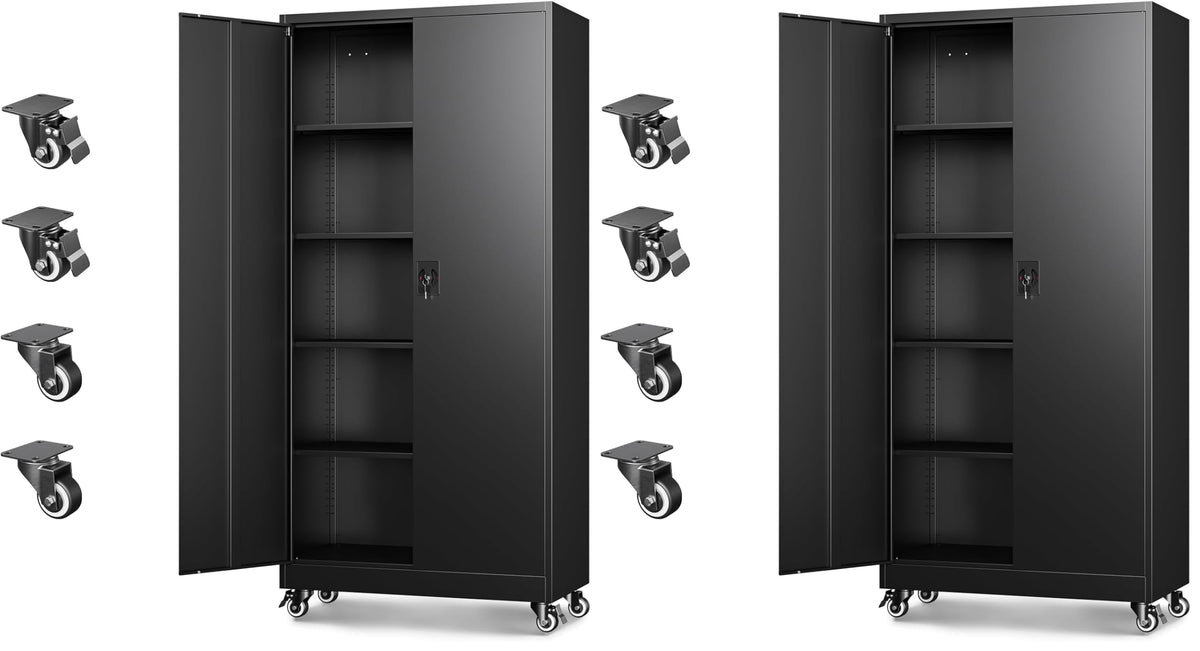 Letaya Metal Garage Storage Cabinets with Wheels,Steel Tool Cabinets Lock Door and Adjustable Shelves for Home,Office,Warehouse Organisieren (Black, 74.41" H)