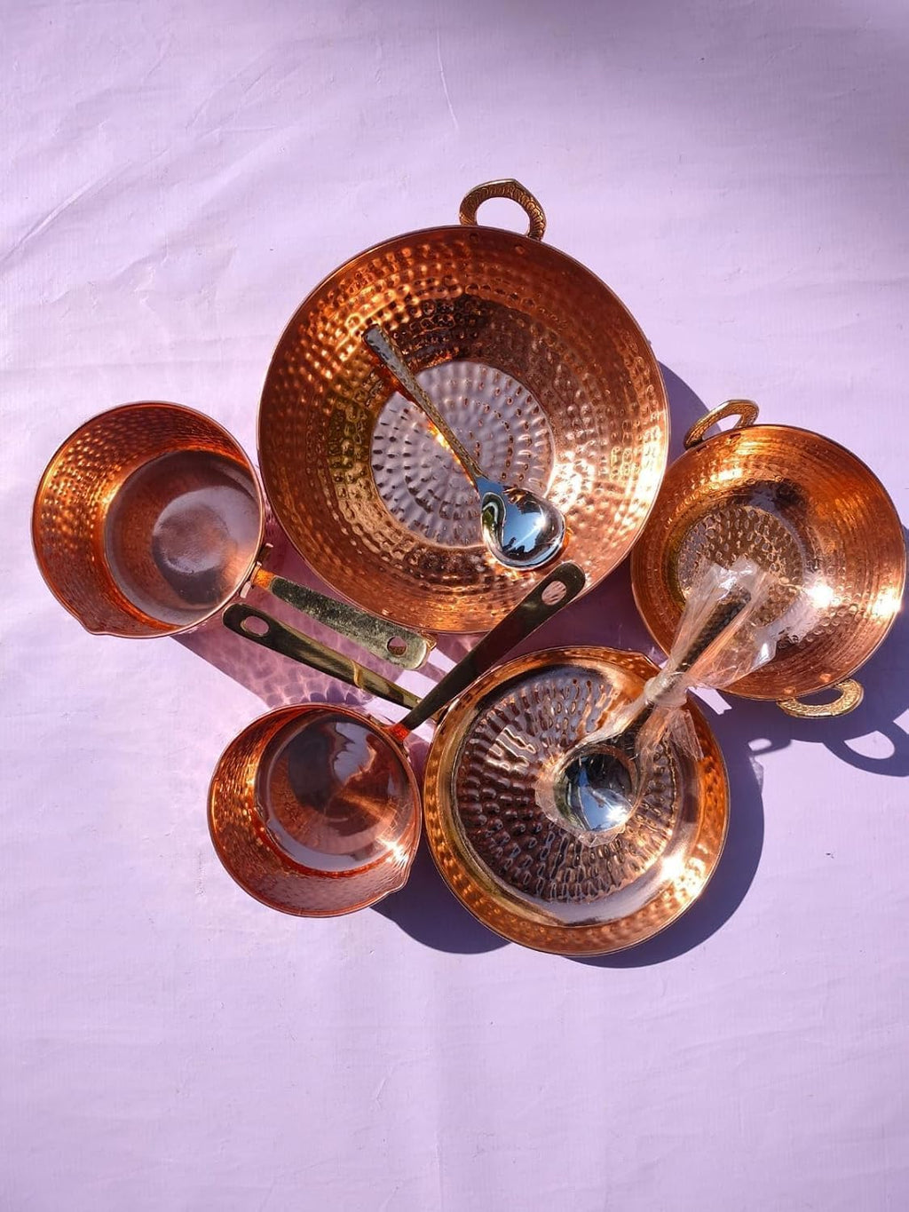 Pure cooper Cookware Set 10 Piece Set with Serving Spoon (Copper Sauce Pan Set | Copper Kadhai Set | Fry Pan) with Brass Handle for Cooking Purpose