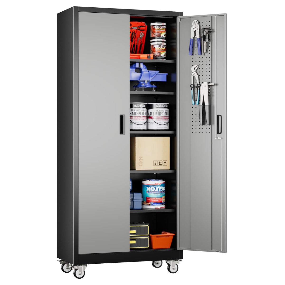 Aobabo 71" Metal Storage Cabinet with Wheels, 5 Shelves & Pegboards, Black