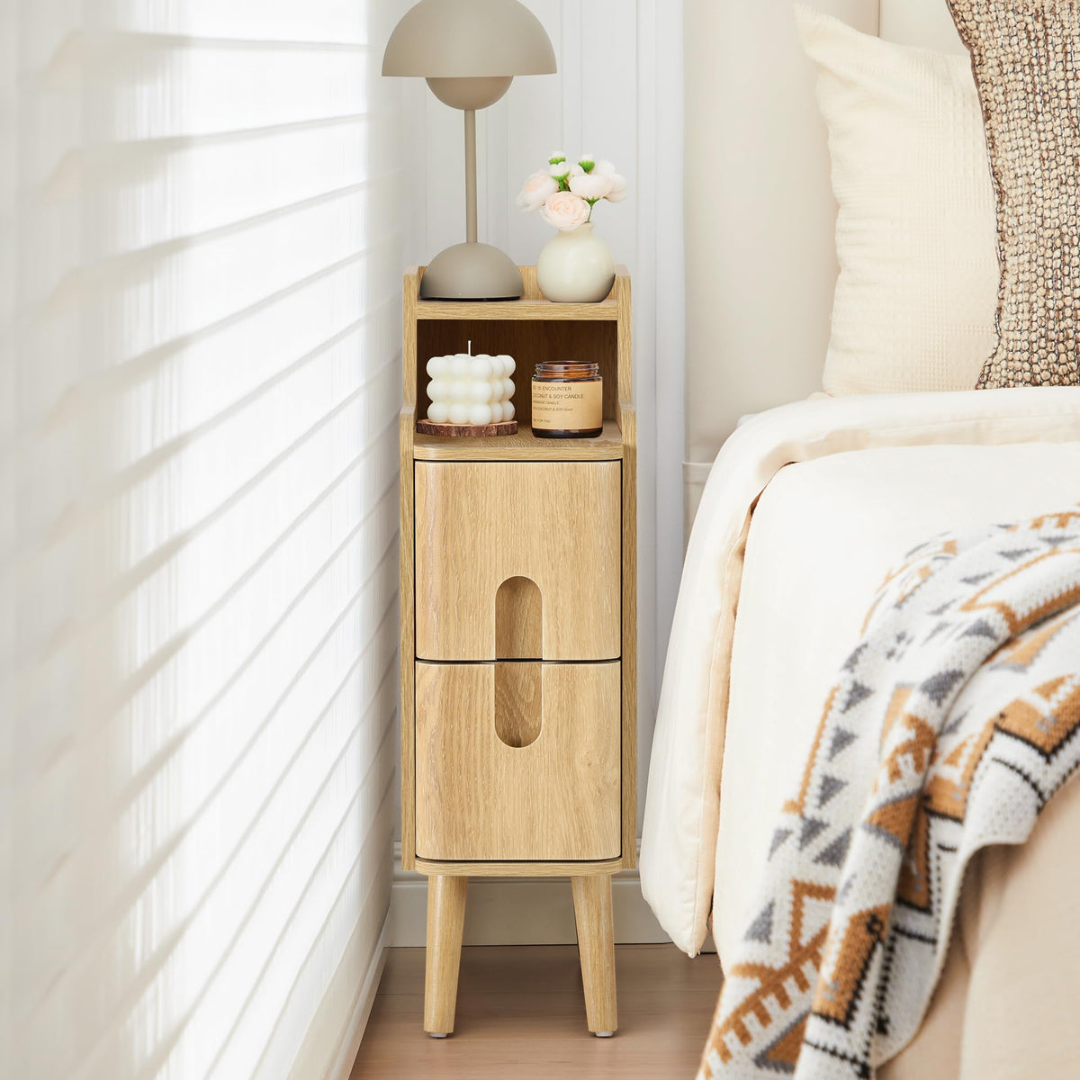 Narrow Nightstand Set of 2, Wood 2 Drawer Small Nightstand, Slim Side Table, Modern Skinny End Bedside Table, Natural Wood Night Stand with Drawers for Bedroom (Walnut-2 pcs)