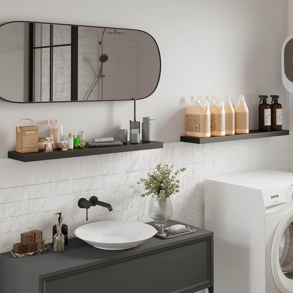 BAMEOS 47in Floating Shelves, Black Wall Mounted Wooden Shelves with Invisible Brackets Set of 2