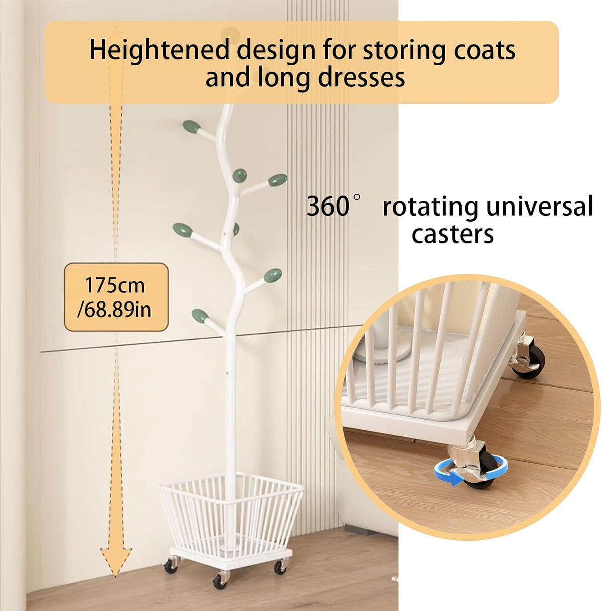 Freestanding Portable Metal Coat Rack Tree-shaped Coat Stand with Storage Basket Coat Rack Stand Perchero Para Colgar Bolsas Suitable for Bedrooms Offices Hallways and E Glossy Silver 12.59in*68.89in