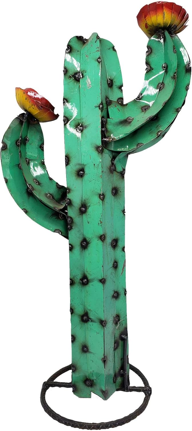 27" Rusty Metal Yard Art, Saguaro Metal Cactus Sculpture with Flower, Yard Decor (Turquoise) M002