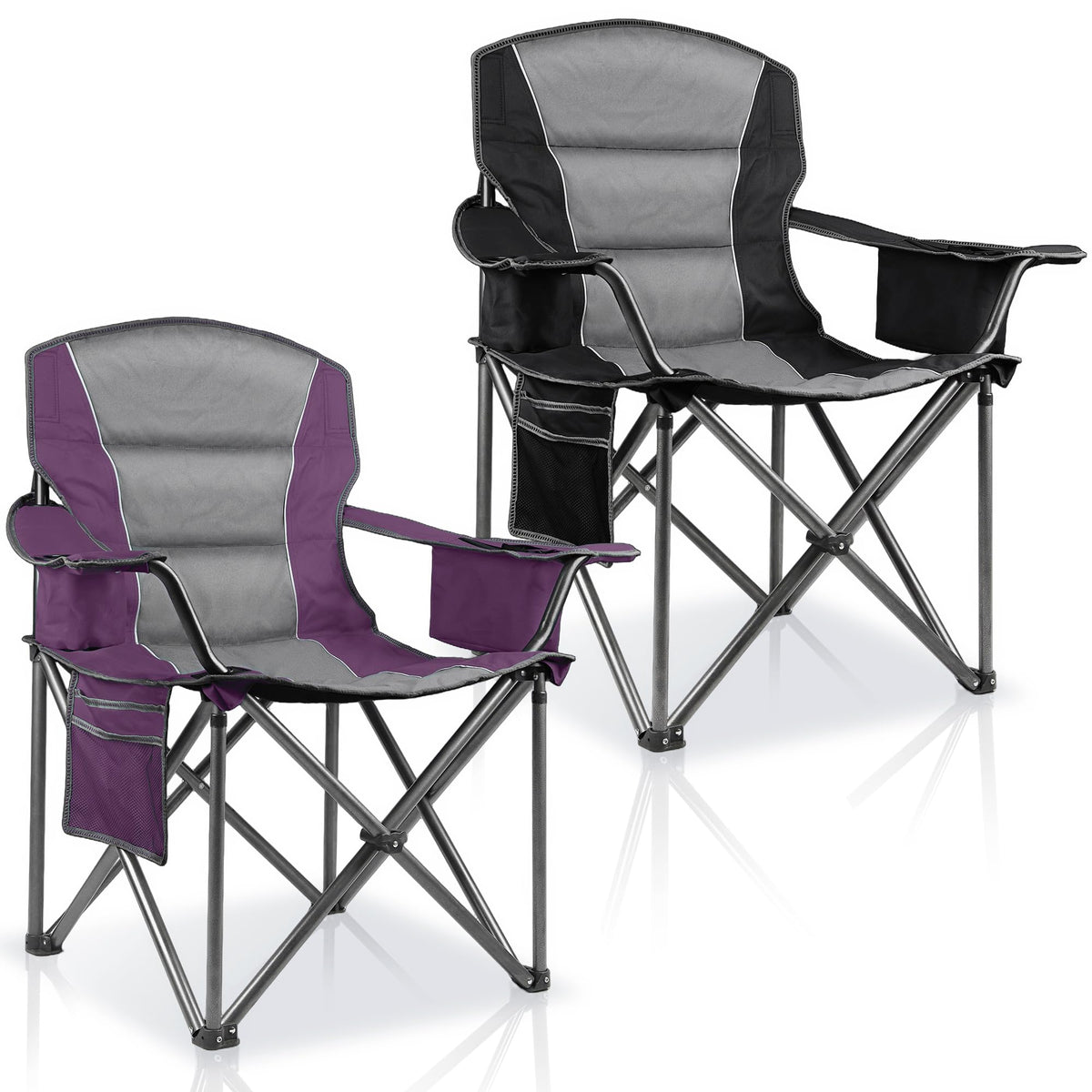 2 Pack Padded Oversized Camping Chairs for Adults,Heavy Duty Support 400 Lbs,Folding Portable Lawn Chair w/Cup Holder,Cooler Bag,Side Pocket,Perfect for Outdoor Picnic,Hiking(Orange&Blue)