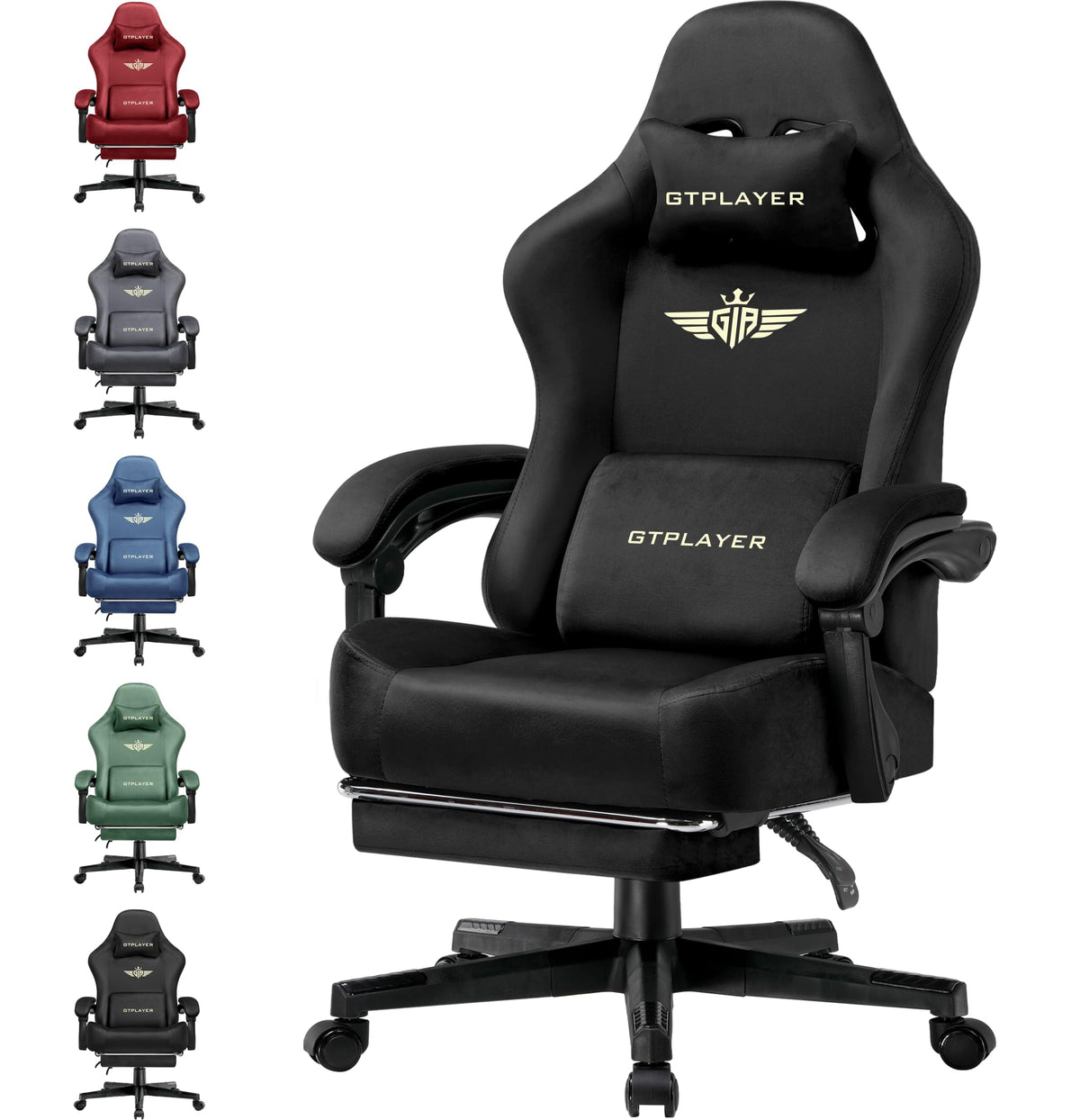 GTPLAYER Gaming Chair Fabric with Pocket Spring Cushion, Big and Tall Gamings Chairs 350LBS High Back Computer Chair with Footrest for Adults Lumbar Support Swivel Game Chair for Office Light Black