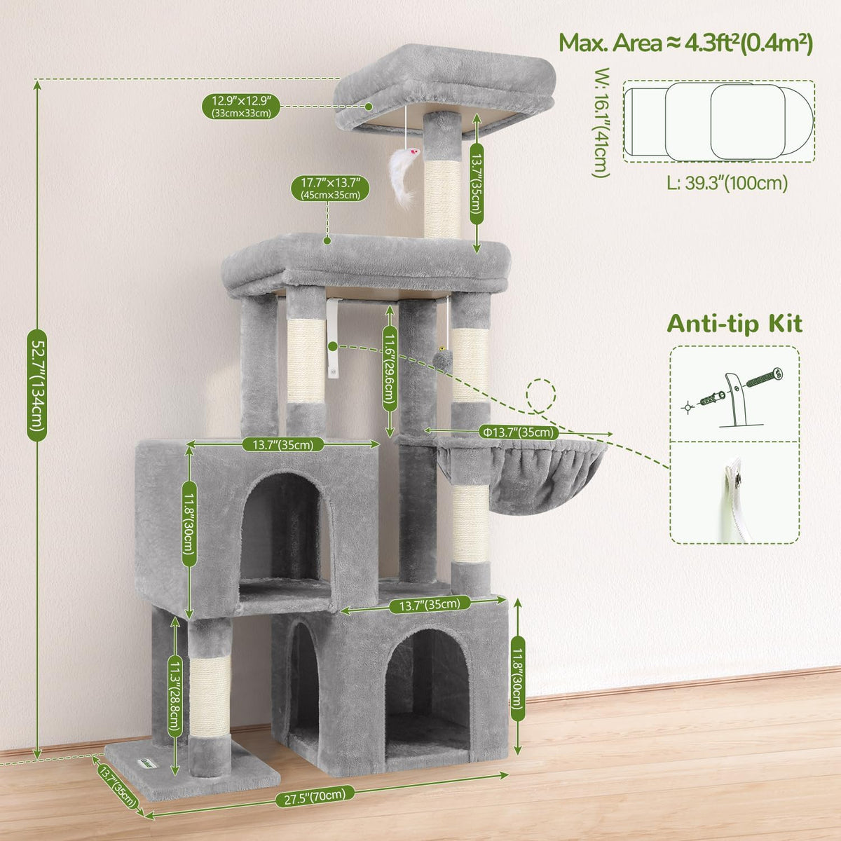 Globlazer 52in Cat Tree Tower for Indoor Cats, 2 Condos, S52, Light Grey