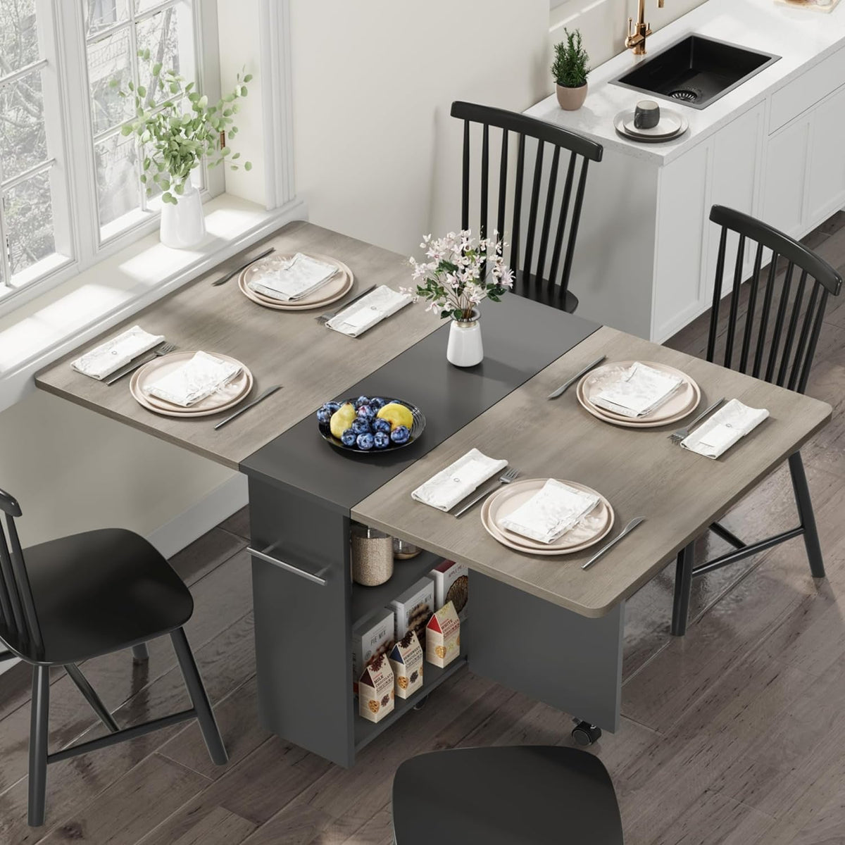 IDEALHOUSE FoldingTable, Drop Leaf Dining Table with 6 Wheels and 2-Layer Storage Shelf, Space Saving Table for Small Spaces (Slate Oak, 47.2" D x 23.6" W x 29.5" H)