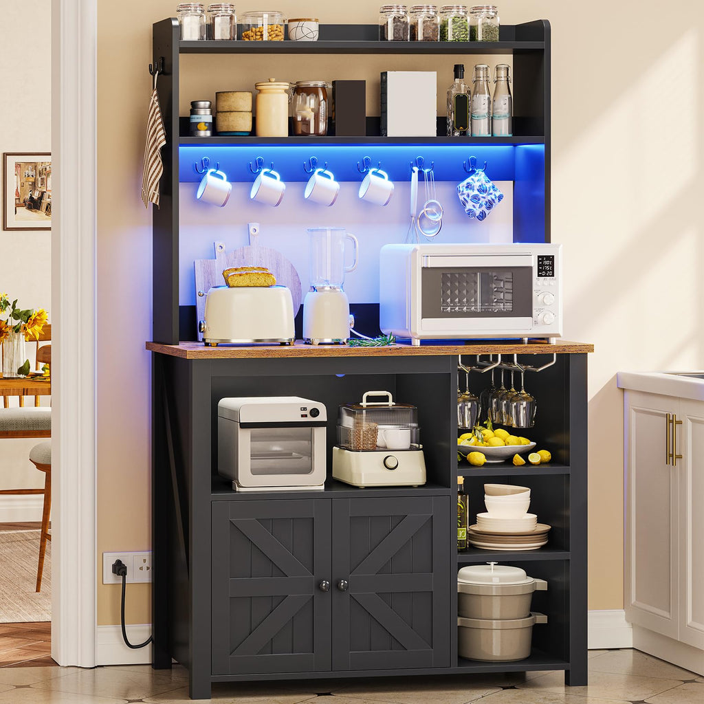 Itaar 35.4 inch Bakers Rack with Power Outlet and Storage, Farmhouse Coffee Bar Cabinet, Microwave Stand Kitchen Cabinet with Hutch, LED Lights, Wine Glass Holder and 8 Hooks，White