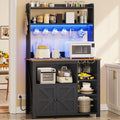 Itaar 35.4 inch Bakers Rack with Power Outlet and Storage, Farmhouse Coffee Bar Cabinet, Microwave Stand Kitchen Cabinet with Hutch, LED Lights, Wine Glass Holder and 8 Hooks，White