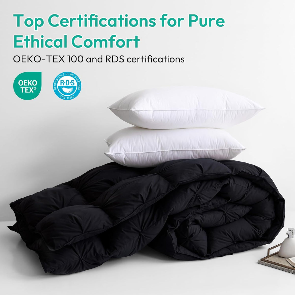 Three Geese Pinch Pleat Waterfowl Feathers and Down Comforter Queen Size Duvet Insert, 1200TC 100% Cotton Fabric, Premium All Seasons BlackGrey Warm Hotel Comforter with 8 Tabs.