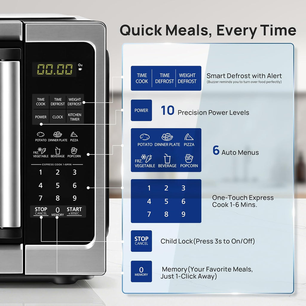 Countertop Small Microwave Oven 0.9 Cu. Ft, 900W Compact Microwave with LED Lighting, 6 Auto Menus, Turntable, Child Lock, Easy-Clean, Memory for Kitchen, Home, Dorm Essentials, Stainless Steel