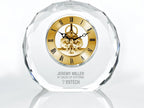 Engraved Clock Trophy - Gold Executive Crystal - Round Beveled Skeleton