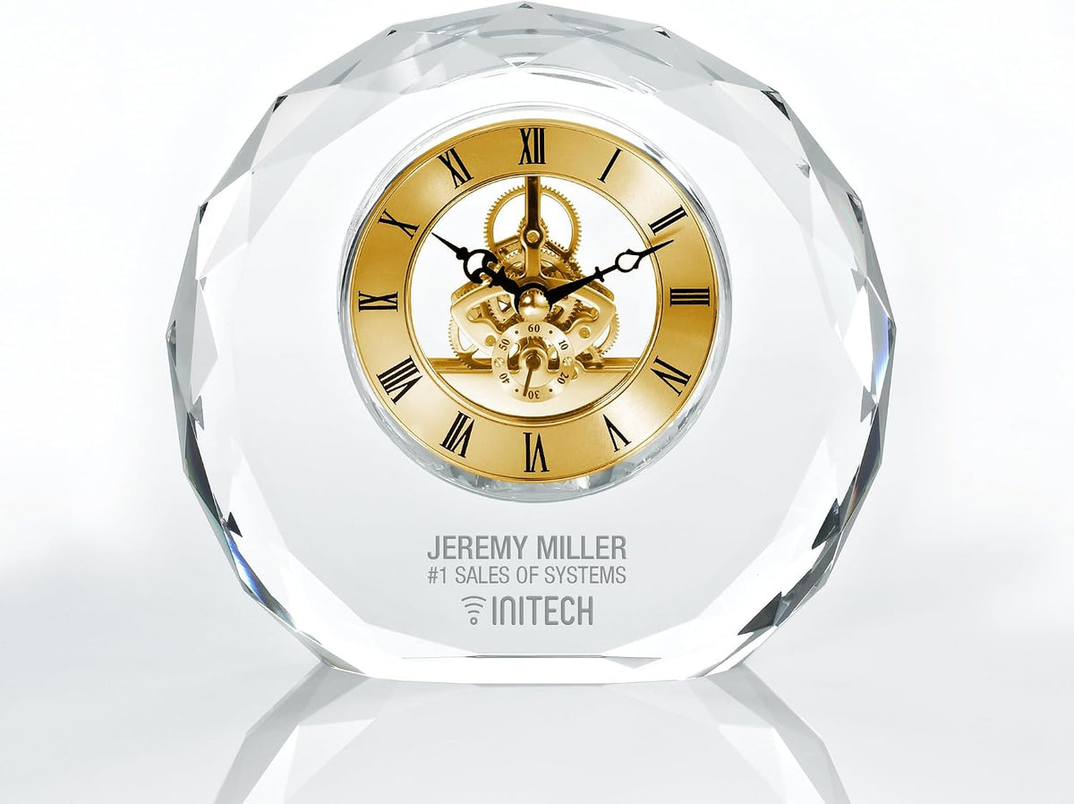 Engraved Clock Trophy - Gold Executive Crystal - Round Beveled Skeleton