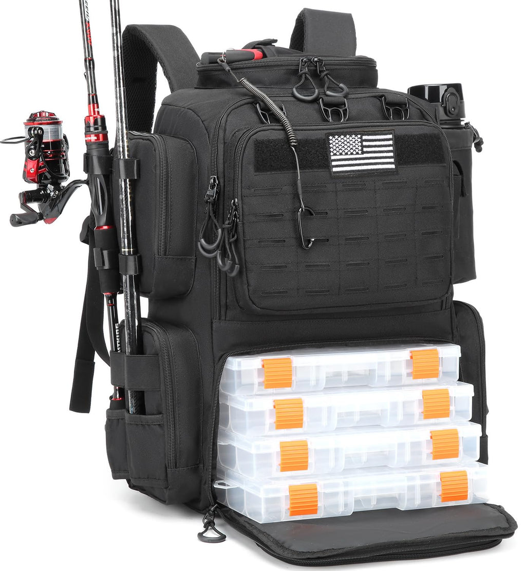 Tactical Fishing Backpack with 4 Tackle Boxes, Rod Holders & Bottle Holder