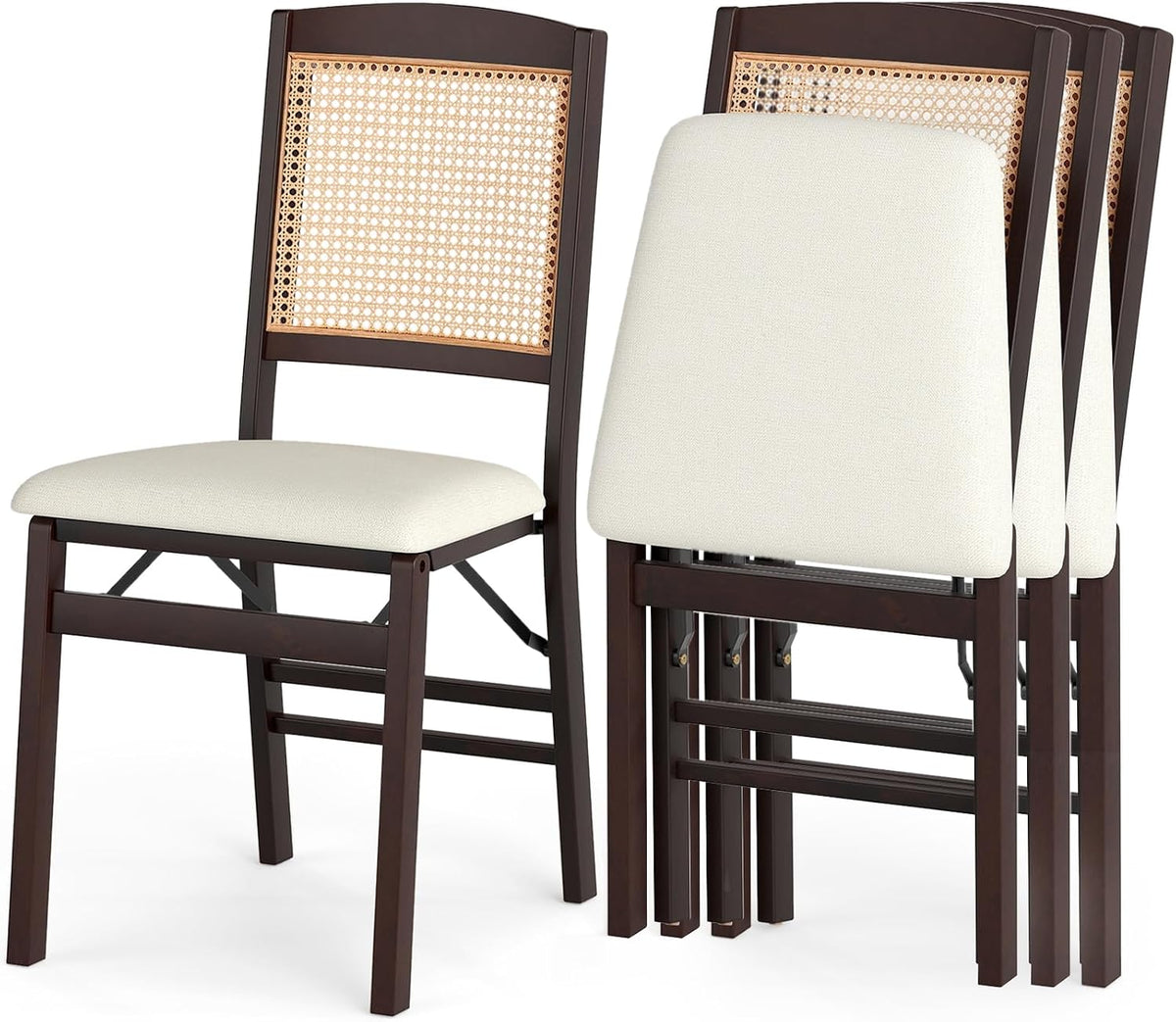 COSTWAY Folding Chairs Set of 4 w/Rattan Backrest & Padded Seat (Espresso)