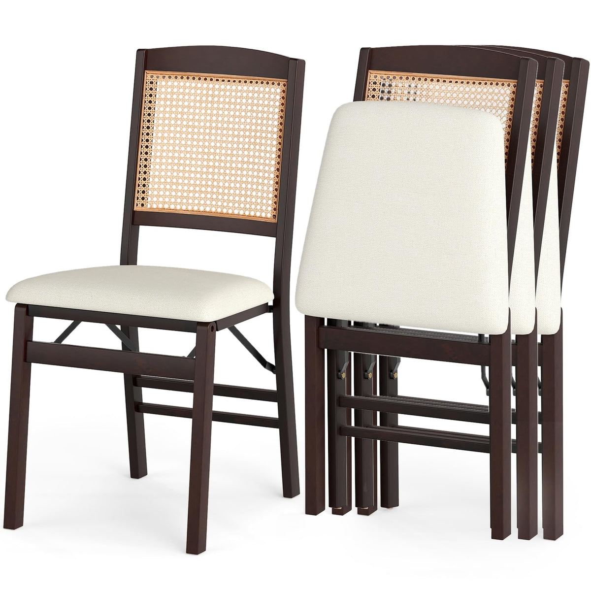 COSTWAY Folding Chairs Set of 4 w/Rattan Backrest & Padded Seat (Espresso)