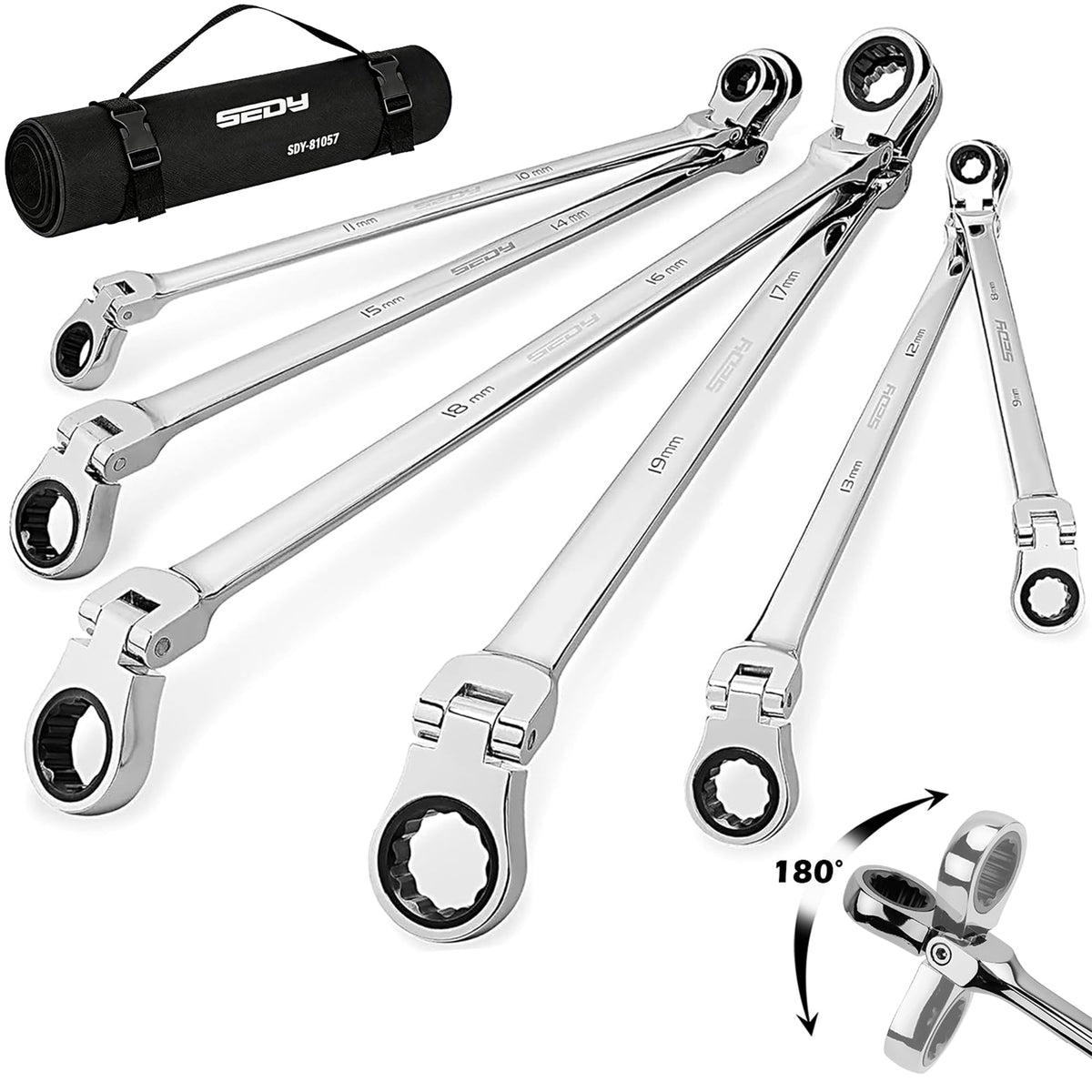 Premium 24-Piece Flex-Head Ratcheting Wrench Set, Metric(8–19mm)& SAE(1/4-7/8") Combination Wrenches, 72-Tooth CR-V Steel with Durable Black Finish, Ratchet Spanners with Roll-Up Tool Pouch for Repair