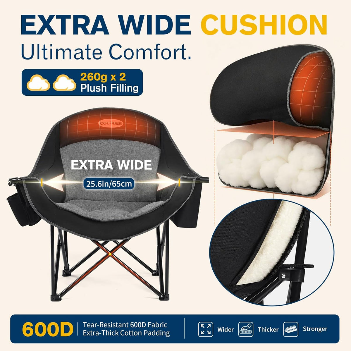 Oversized Camping Chairs for Adults - Heavy Duty Padded Outdoor Camp Chair