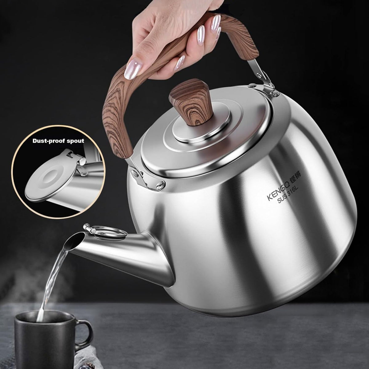 Food Grade 316 Stainless Steel Brushed Satin Teapot, Whistling Heavy Duty Tea Pot, Hot Water Fast to Boil, Seamless Bottom, Suitable for All Heat Sources(4L)