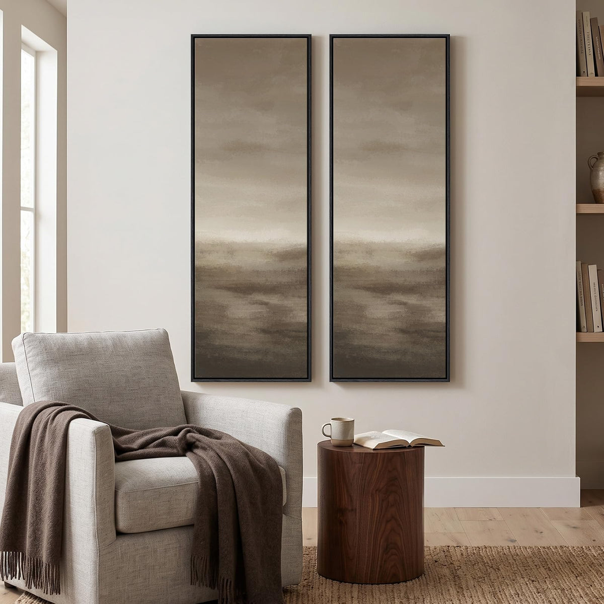 Large Framed Beige Cream Abstract Vertical Wall Art for Hallway, 2 Piece