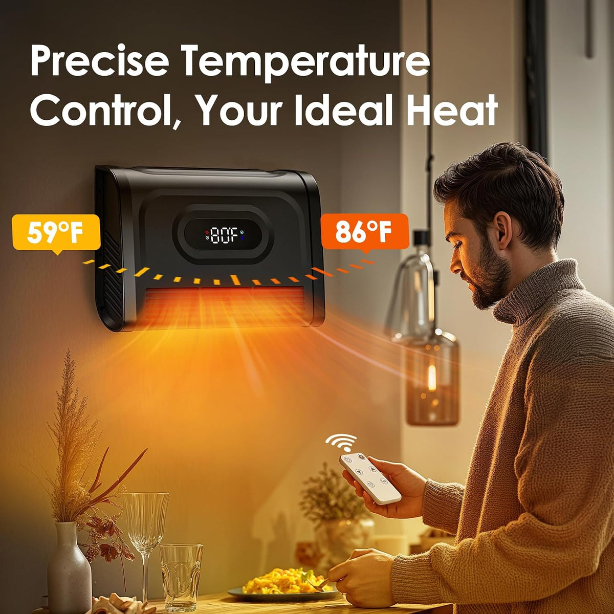 Air Choice Infrared Space Heater, 1500W Wall Heater with Attachable Feet, Adjustable Thermostat, Remote, 12H Timer, Safety Child Lock, Easy-Mount Electric Heating for Indoor Use, Garage, Bathroom