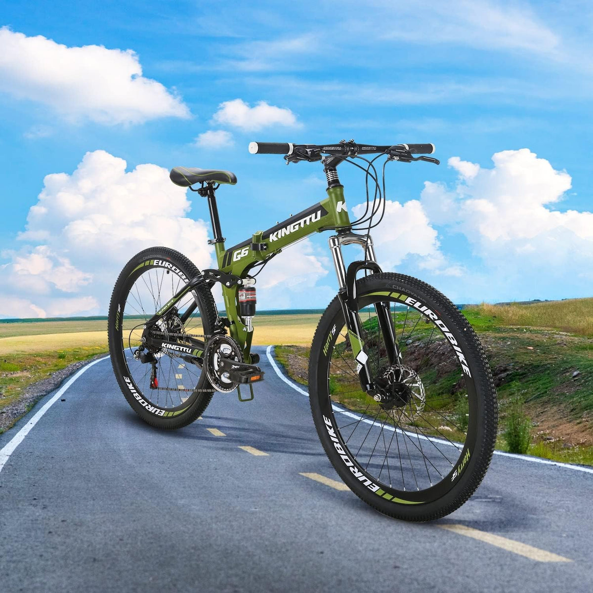 Eurobike Adult Folding Bike HY G6 Bicycle 26 Inches Muti Spoke Wheels 21 Speed Dual Suspension Folding Mountain Bike (G6 ArmyGreen -KT 32 Spoke)