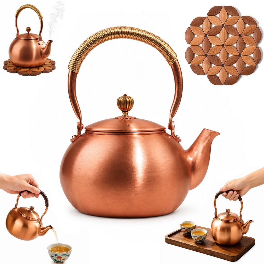 Handmade Copper Stovetop Teapot Kettle, Solid Copper Tea Kettle with Vintage Hammer Design, Thickened Household Boiling Teapot for Induction, Electric, Easy to Clean (A*1200ML)