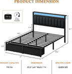 Furnulem Queen Bed Frame with Storage Drawers and Upholstered Headboard