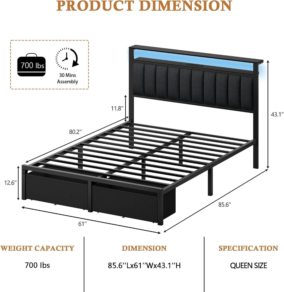 Furnulem Queen Bed Frame with Storage Drawers and Upholstered Headboard