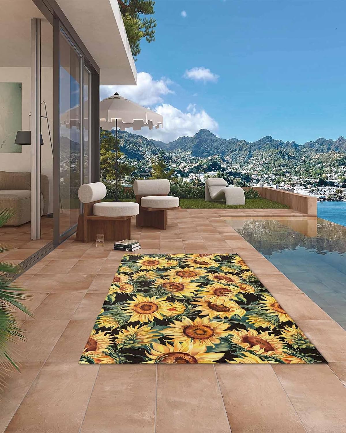 Watercolor Sunflower Outdoor Rug 5x8ft, Waterproof Indoor Outdoor Rug for Patio, Summer Plant Camping Carpet Mat Outside Area Rug for RV Picnic Beach Balcony Deck Backyard
