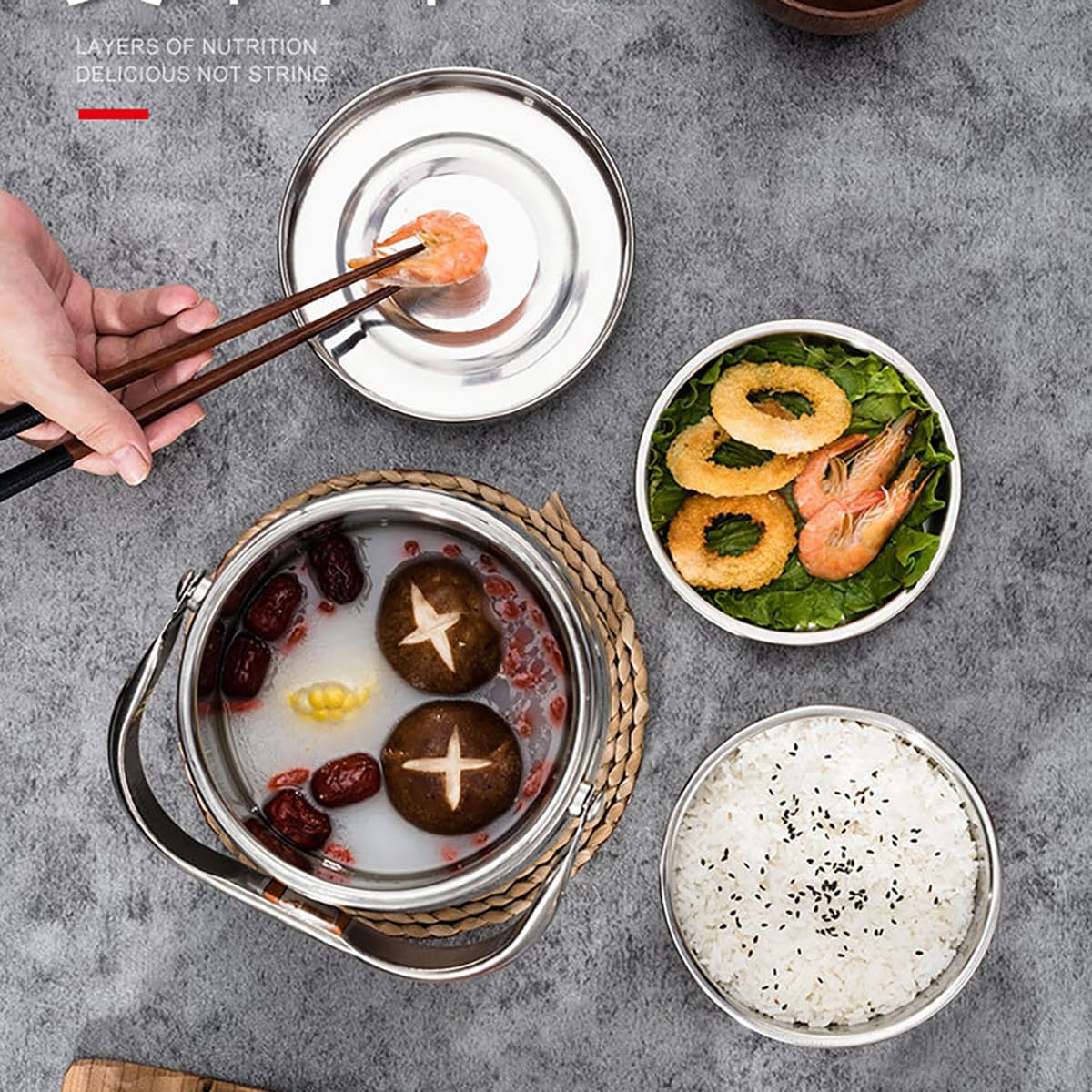 Non Magnetic Stainless Steel Double-Layer Insulation Lunch Box Bowl Drum Vacuum Bucket Convenient Rice Soup,8.0L