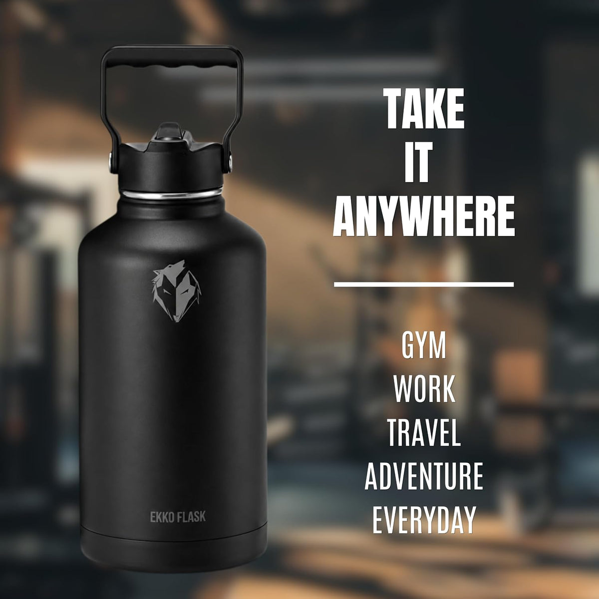 Ekkovision Ekko Flask Insulated Water Bottle, Stainless Steel, Black,128 Oz