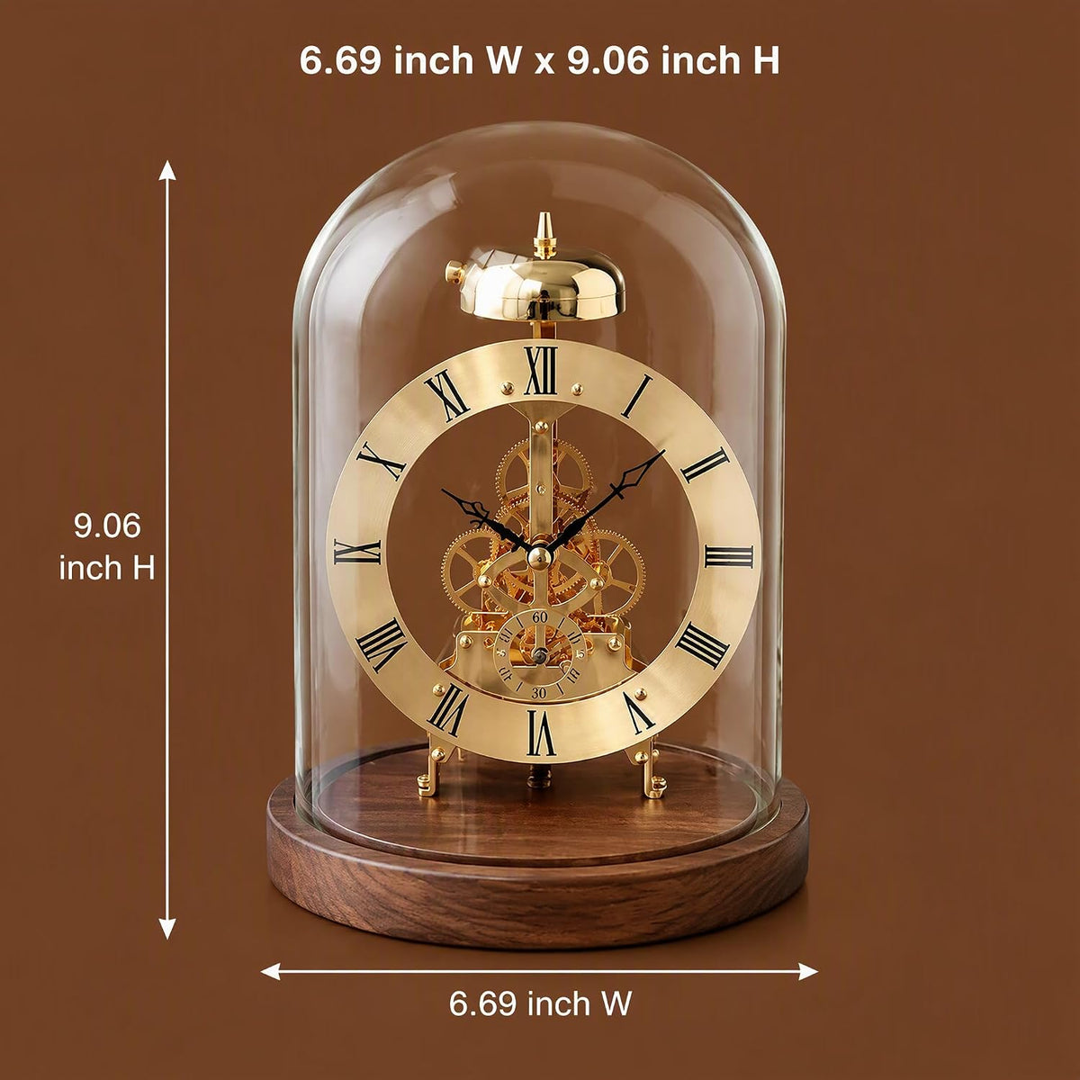 Mechanical Vintage Glass Dome Table Clock, Black Walnut Night Light Desk Clock, Sound-Activated Warm LED Night Light, Quartz + Mechanical See-Through Movement, Desk Decor Accessories