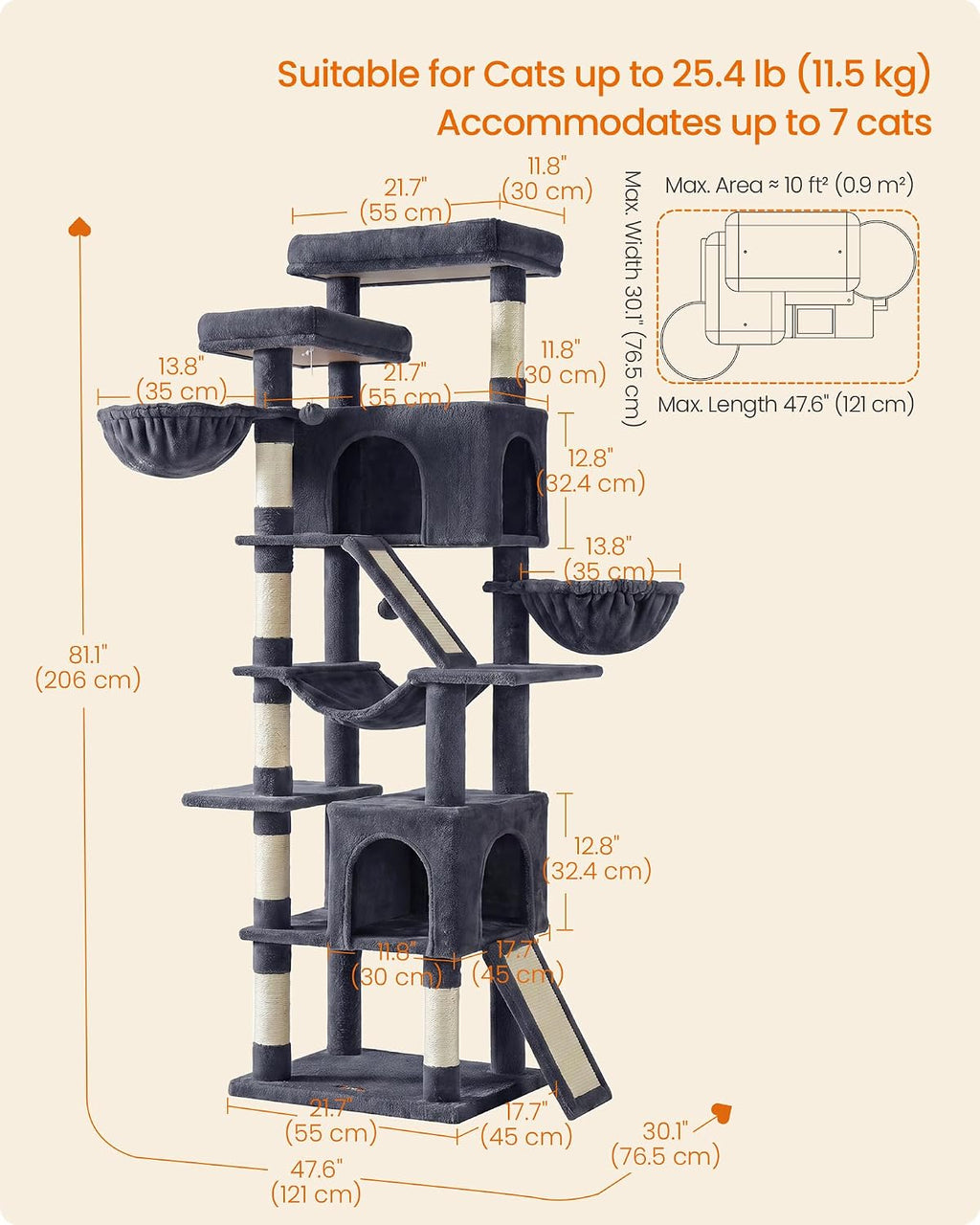 Feandrea Large Cat Tree, 81.1" Tall Sturdy Cat Tower for Indoor, Dark Gray