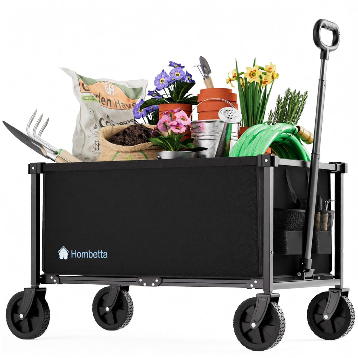 52" Heavy Duty Double Decker Wagon, 650L Collapsible Folding Wagon Cart with Brakes, 560 lbs Load, All-Terrain Big Wheels for Camping, Fishing, Sports and Transport, Black