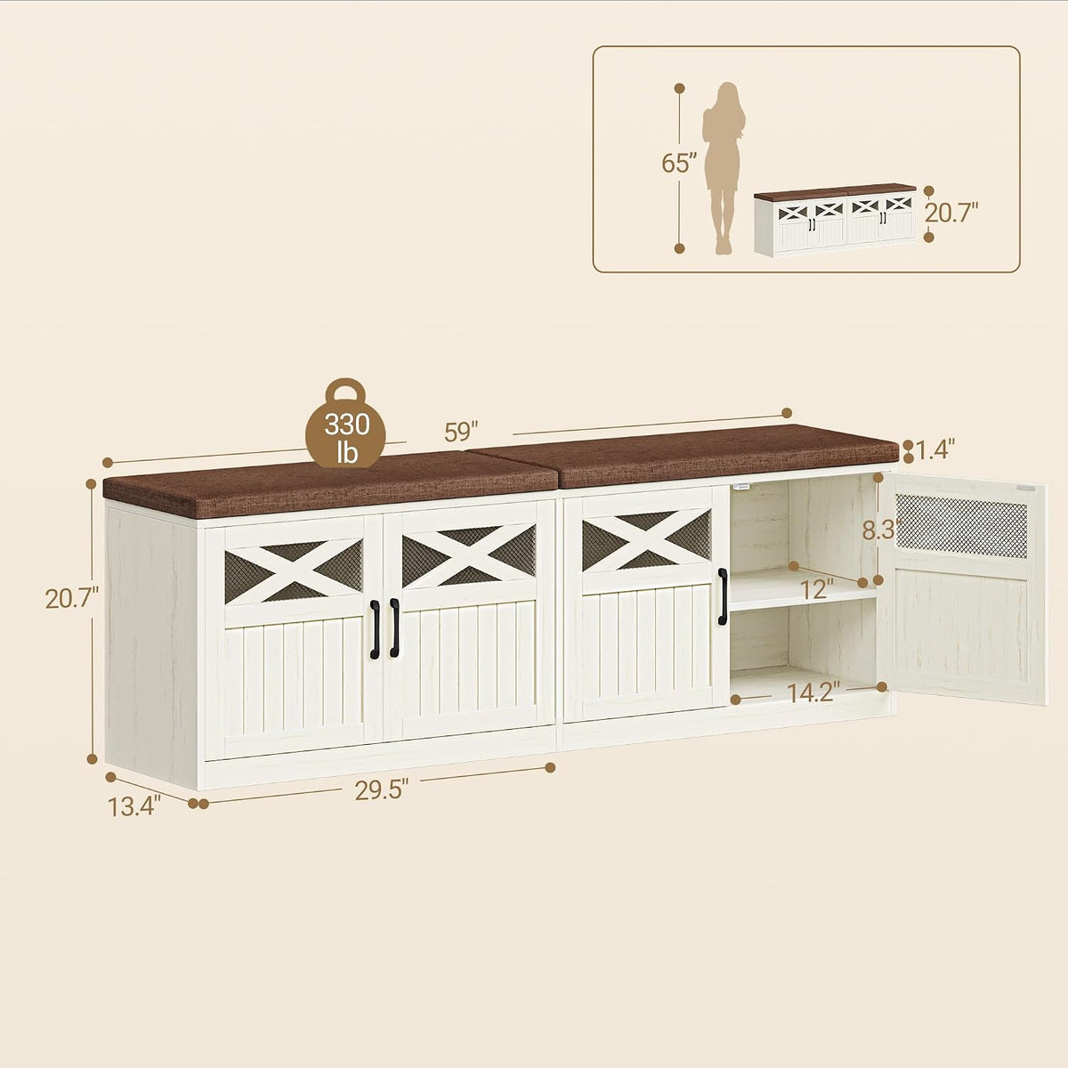 Hzuaneri 59" Shoe Storage Bench with 4 Barn Doors & Padded Seat Cushion