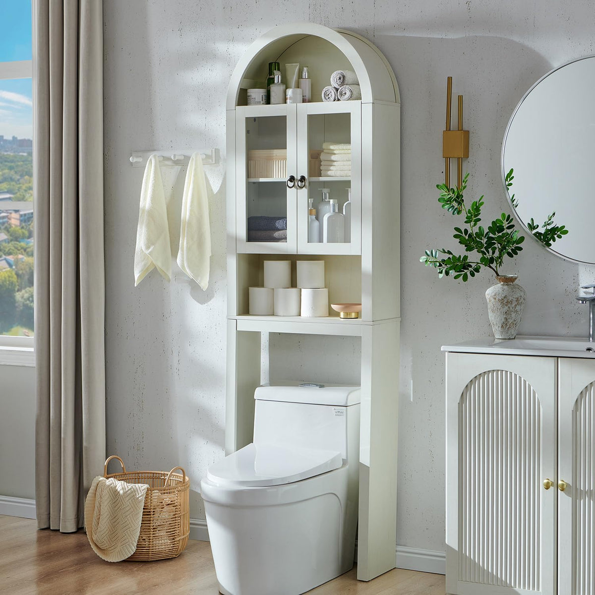 IFGET Arched Over The Toilet Storage Cabinet w/Acrylic Doors, Antique White