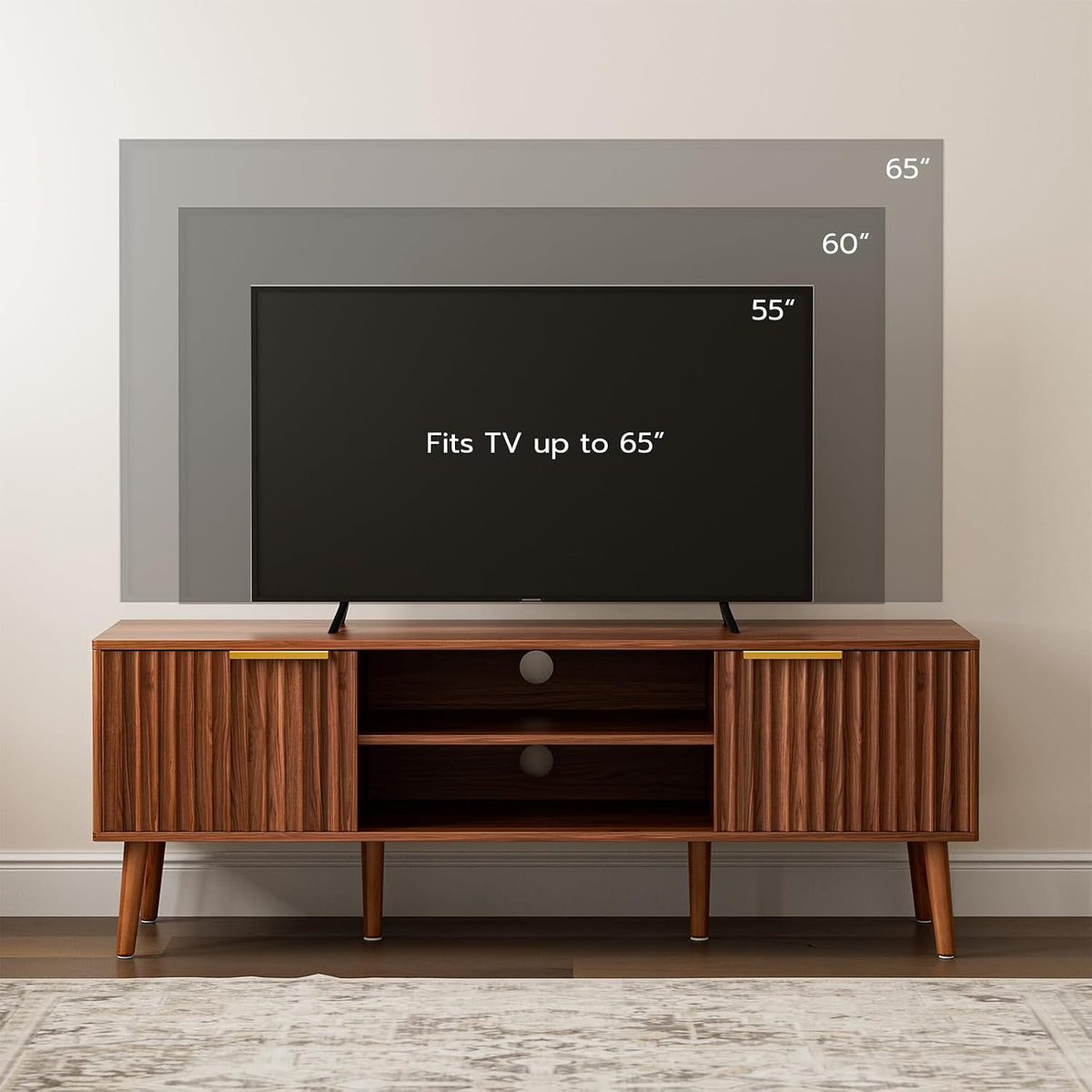 LCRBOL TV Stand with Fluted Doors for TVs up to 65", Mid-Century, Walnut