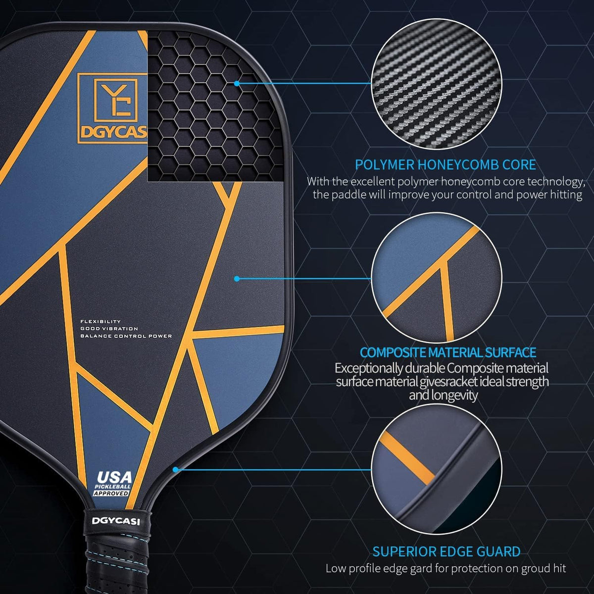 YC DGYCASI Pickleball Paddles Set of 4, USAPA Approved Pickleball Set, 4 Carbon Fiber Pickleball Rackets, 3 Outdoor Balls, 3 Indoor Balls, 4 Replacement Grip, 1 Bag for Women and Men