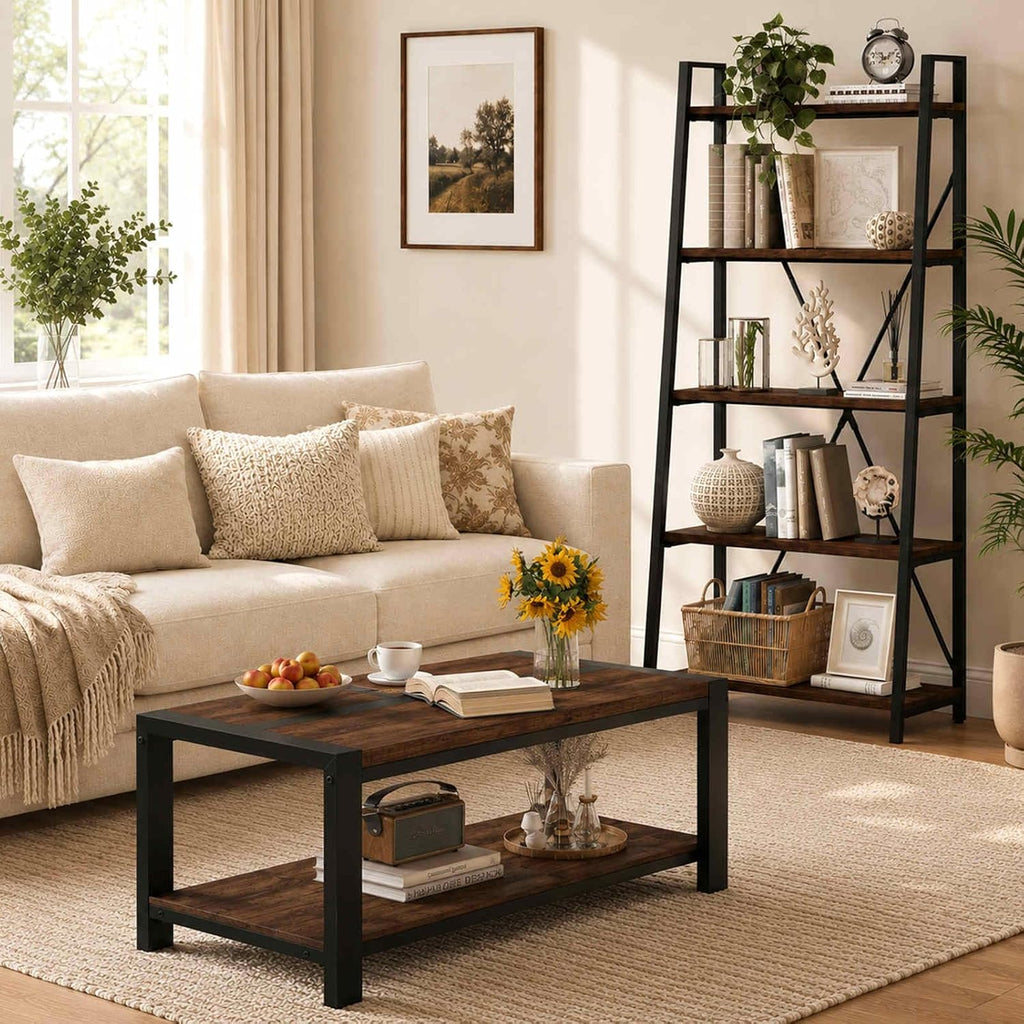 BON AUGURE Coffee Tables for Living Room, 2 Tier Storage Shelf, 43In Rustic