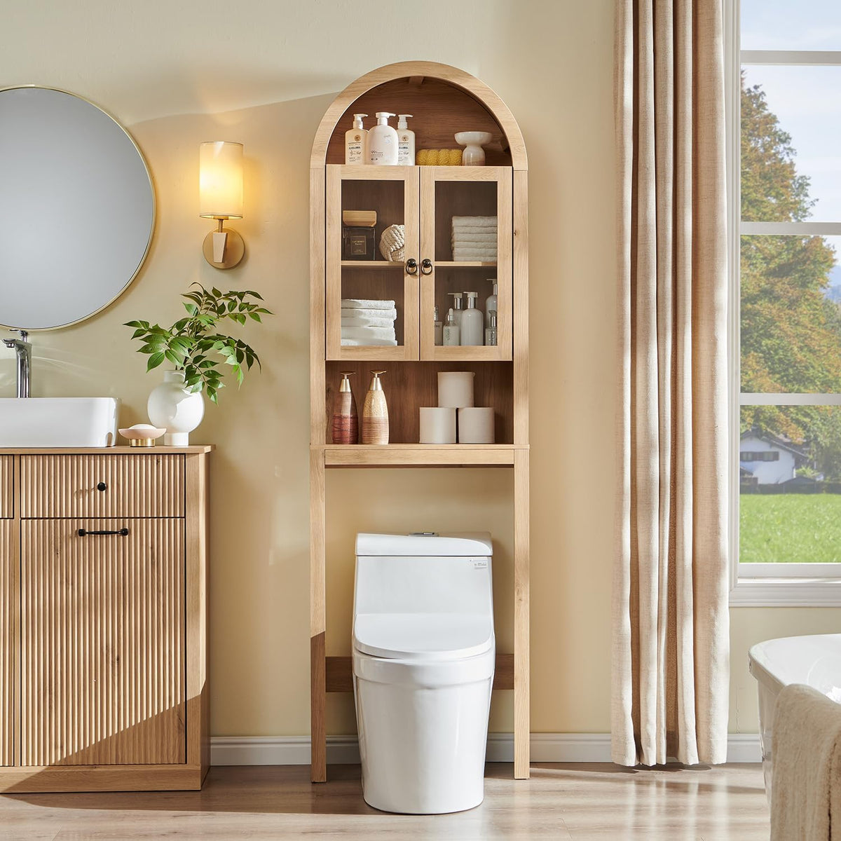 IFGET Arched Over The Toilet Storage Cabinet with Acrylic Doors,Natural Oak