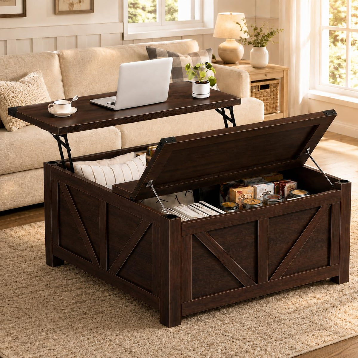 40" Lift Top Coffee Table, 4 in 1 Square Coffee Table with Storage Shelf & 2 Drawers, Modern Coffee Tables with Lift Tabletop, Converts to Dining Table for Living Room, Home Office