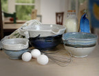 Stoneware Pottery Batter Bowls, 3-Piece Nesting Set, French Blue Glaze