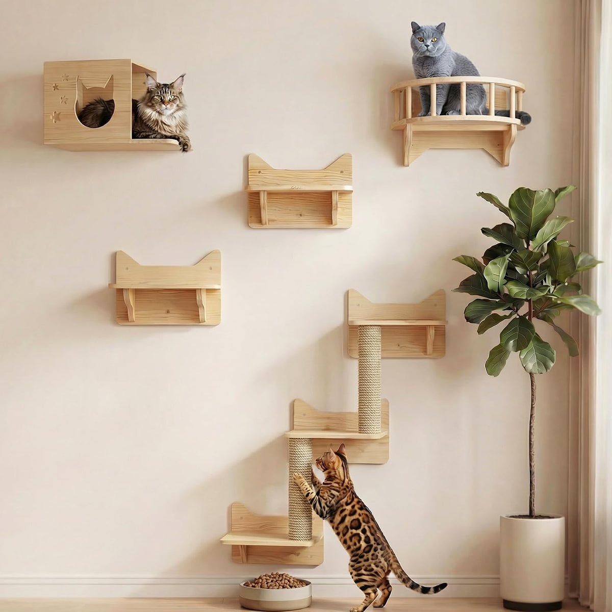 NOVGOBHOT Cat Wall Shelves for Large Cats – 9-Piece Wooden Wall-Mounted Cat Shelves Set, Kitty Climbing System with Perches, Scratching Post & Condo House