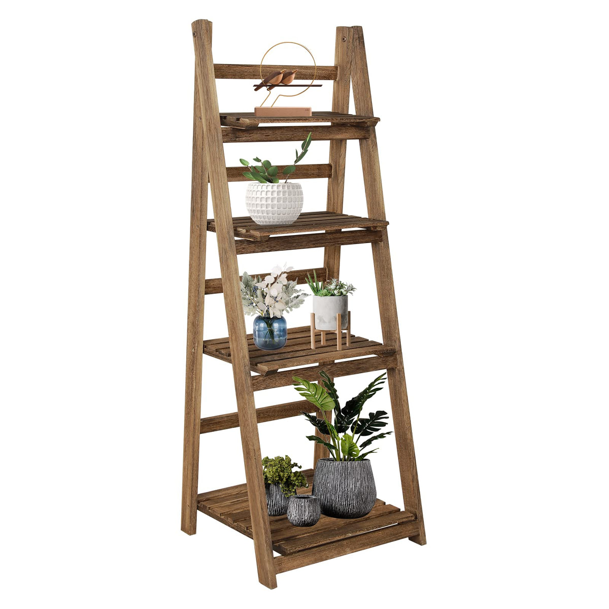 ACEHOME 4 Tier Ladder Shelf, Home Office Ladder Bookshelf 45.7 Inch, Solid Wood Bookcase, Freestanding Storage Organizer Rack, Industrial Shelf with for Bedroom, Living Room, Home Office-Black+Brown