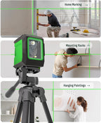 Laser Level with 50” Tripod, 360° Self Leveling Cross Line Laser Level, Green Beam Horizontal and Vertical Line leveler Tool for Hanging Pictures, Home Renovation with 4 AA Batteries & Carry Pouch