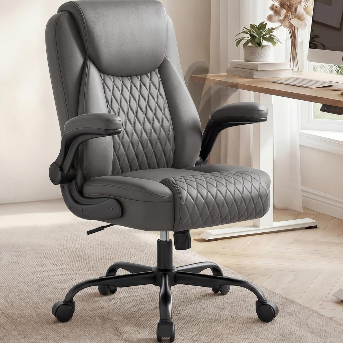 COMHOMA Mid-Back Office Chair, Ergonomic PU Desk Chair with Flip up Arms, Small Computer Gaming with Comfy Lumbar Support,Rocking Function,Sturdy Metal Base, Ink Black