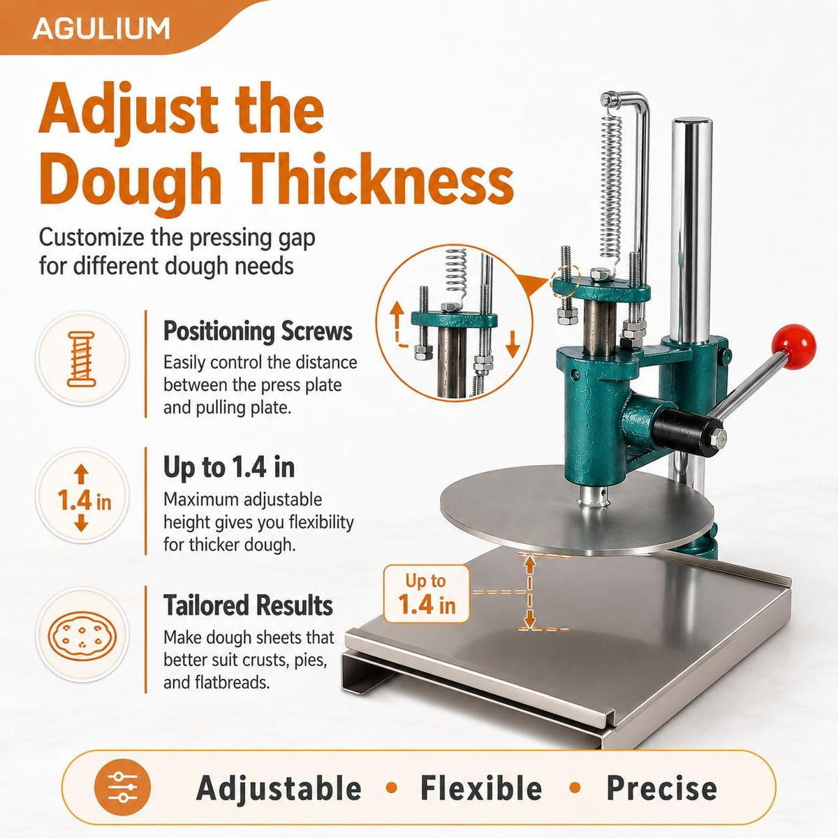 7.9 Inch Manual Pizza Dough Press Machine, Adjustable Stainless Steel Pizza Pastry Press for Pie Crusts, Bread Molds, Meatloaf, Soft Rolls, Household & Commercial
