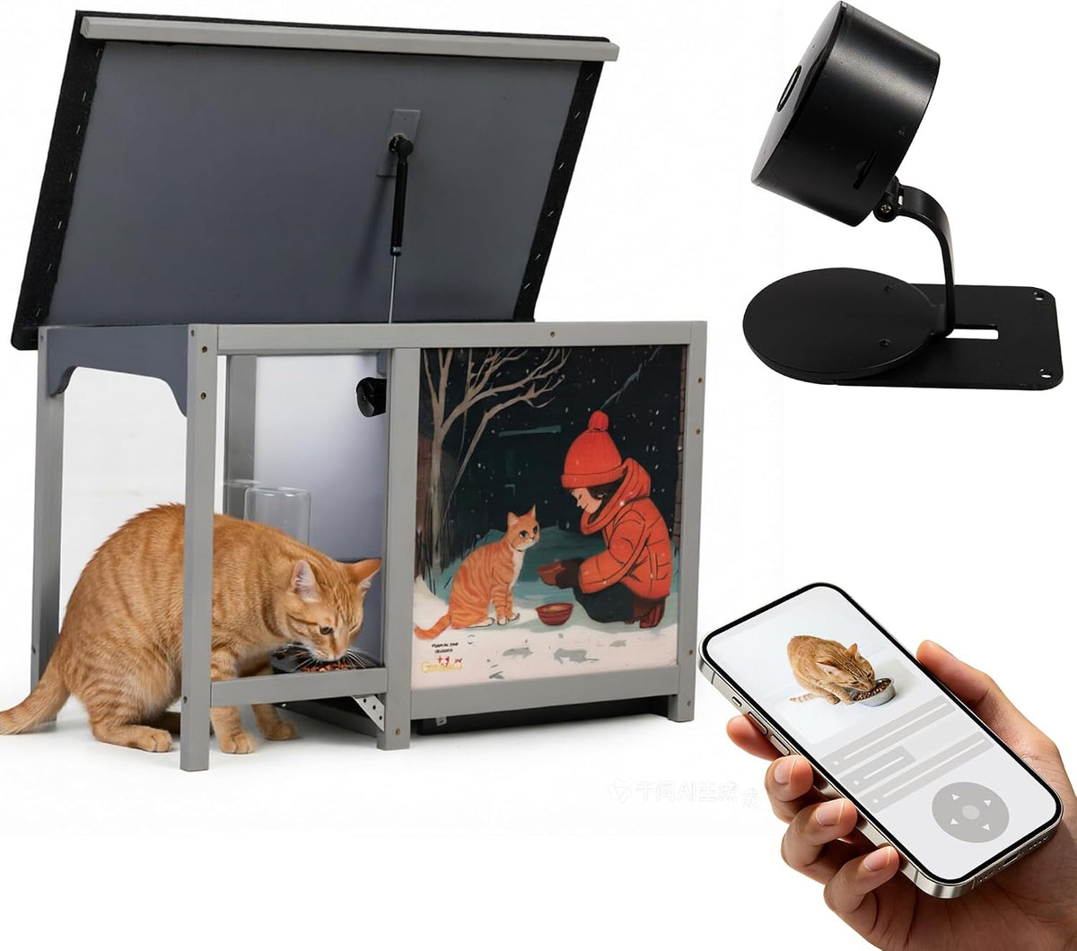Outdoor Cat Feeder with Camera, All-Weather Smart Feeding Station with Step-On Lid, 11L Large Capacity, Asphalt Roof, Built-in Water Bottle & Night Vision for Stray Cats (Grey)
